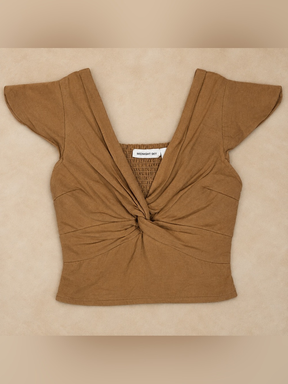 Midnight Sky Khaki Tan Linen Blend Twist Front Smocked Crop Top Small